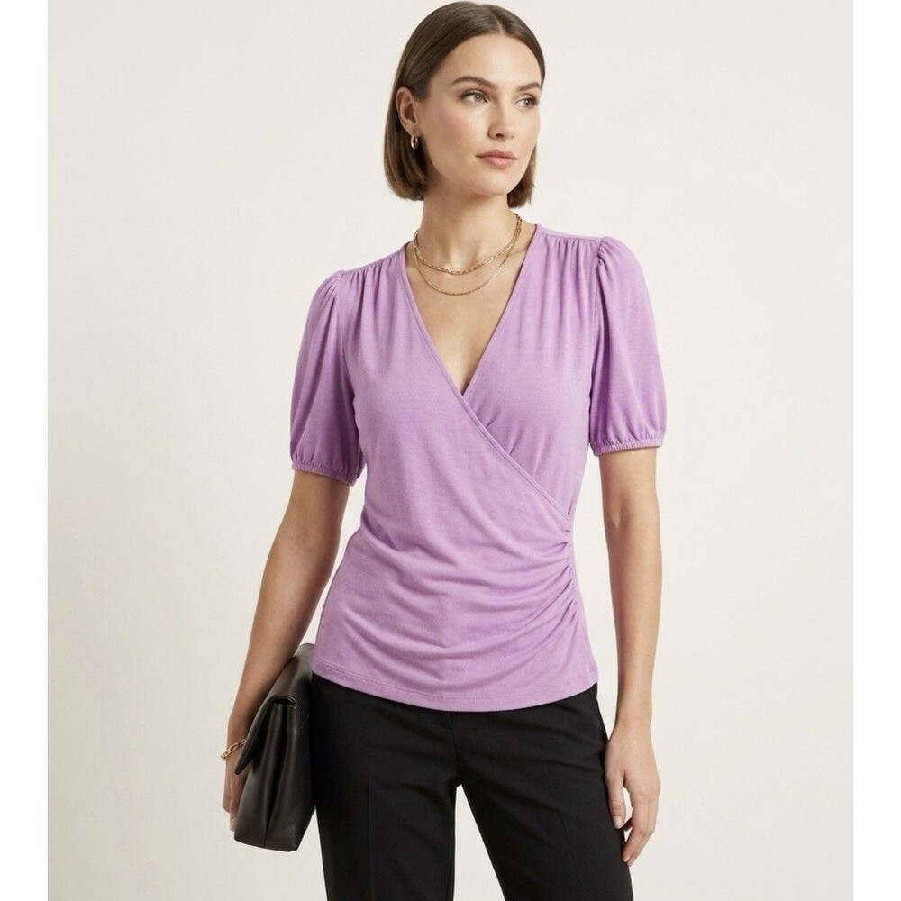 NWT Ann Taylor Lilac Purple Faux Wrap Puff Sleeve Top Ruched Sides Size XSP NEW